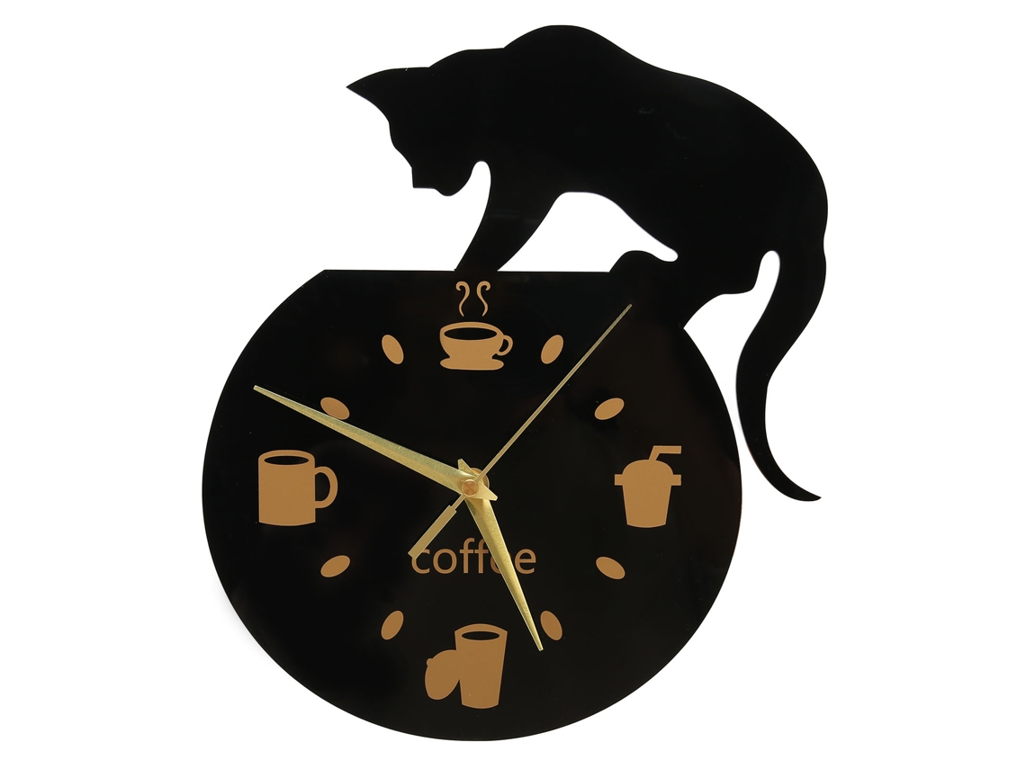 Reloj de pared silencioso Baok para cocina, con efecto 3D de gato y café, fabricado en acrílico duradero, sin marco, resistente al agua, con un diseño sencillo para la oficina.