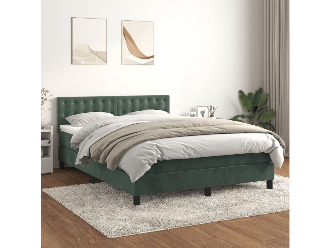 Cama Box Spring Con Colchón Terciopelo Verde Oscuro 140x190 Cm