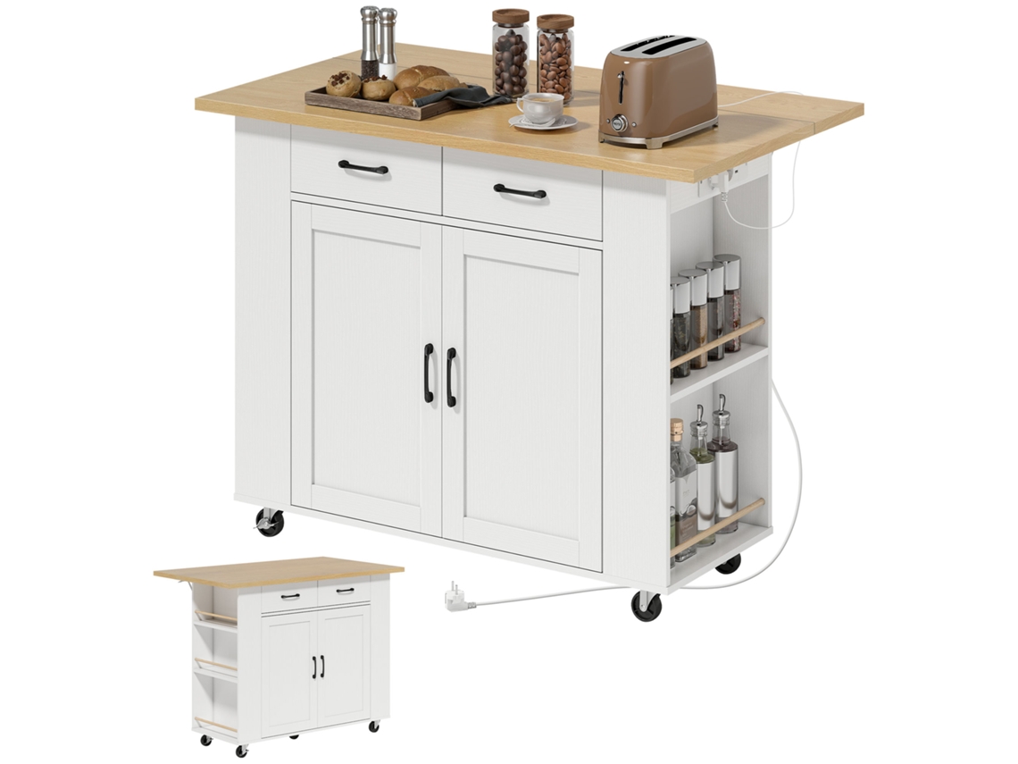 Isla De Cocina Con Estación De Carga, Carrito De Cocina Con Ruedas Y Encimera Plegable, 2 Cajones, Color Blanco.