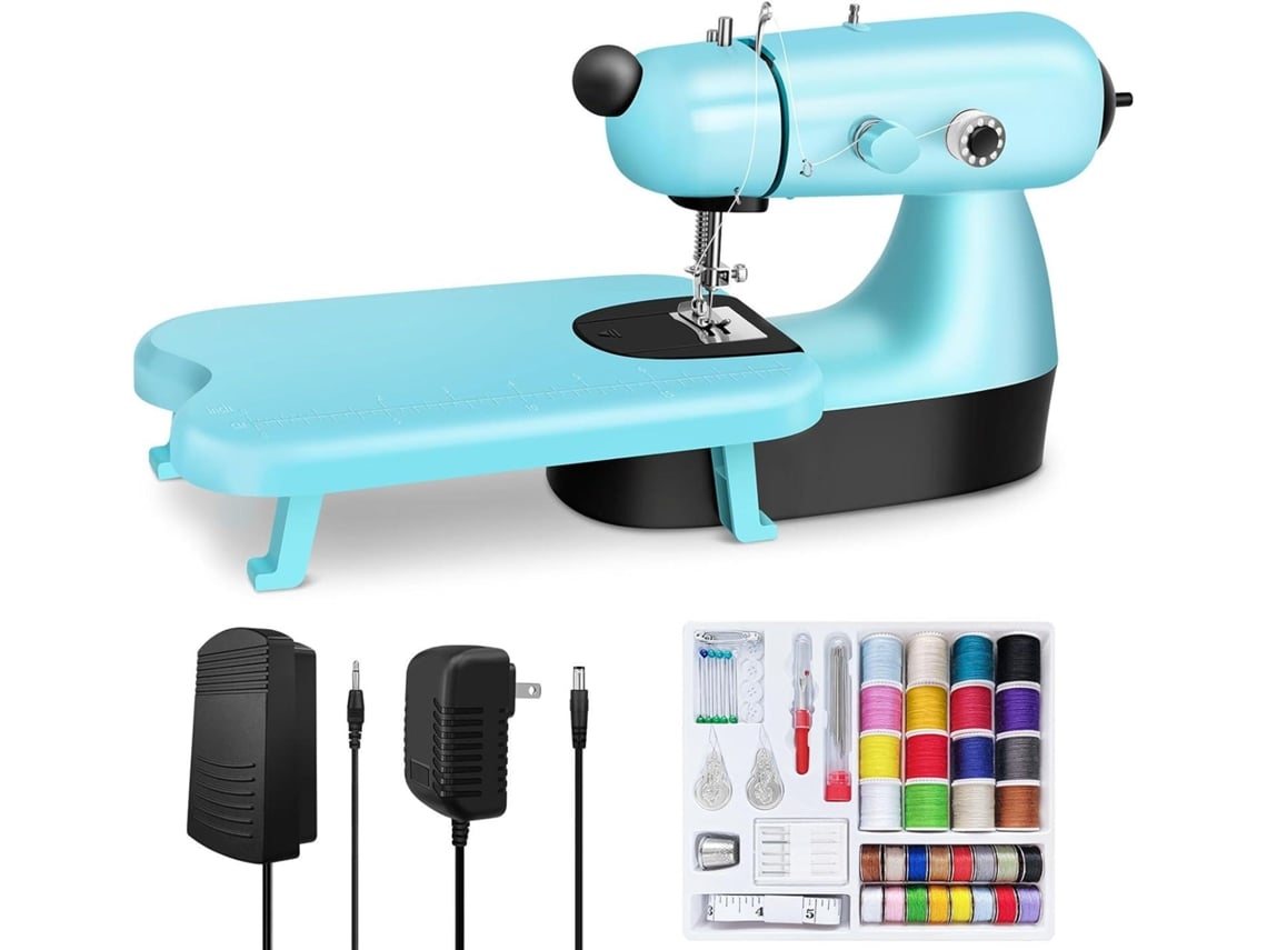 Mini Máquina de Coser Eléctrica con Bolsa de Costura Tabla de Extensión Luz LED Costura Rápida para Ropa Jeans Cortinas DIY Hogar Viaje (Azul) IKIKSO
