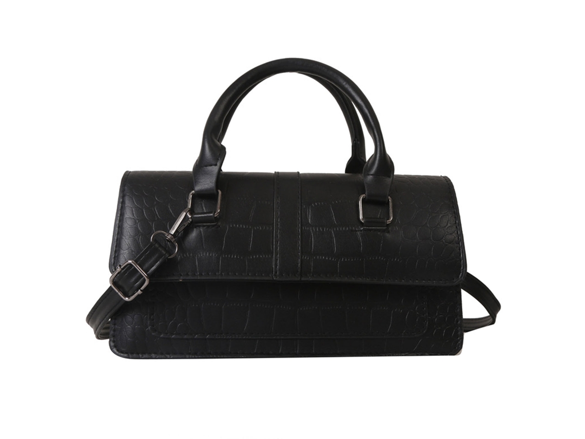 Bolso De Hombro Para Mujer De Piel Sintética Estampada Con Correa Ajustable Y Asa De Mano Negra.