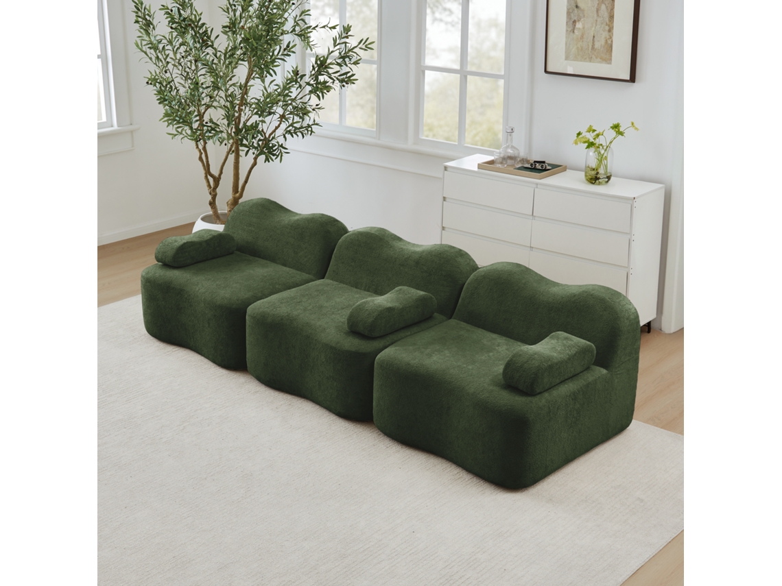 Sofá modular de 3 plazas sin estructura interna en color verde con asiento profundo y diseño ondulado.