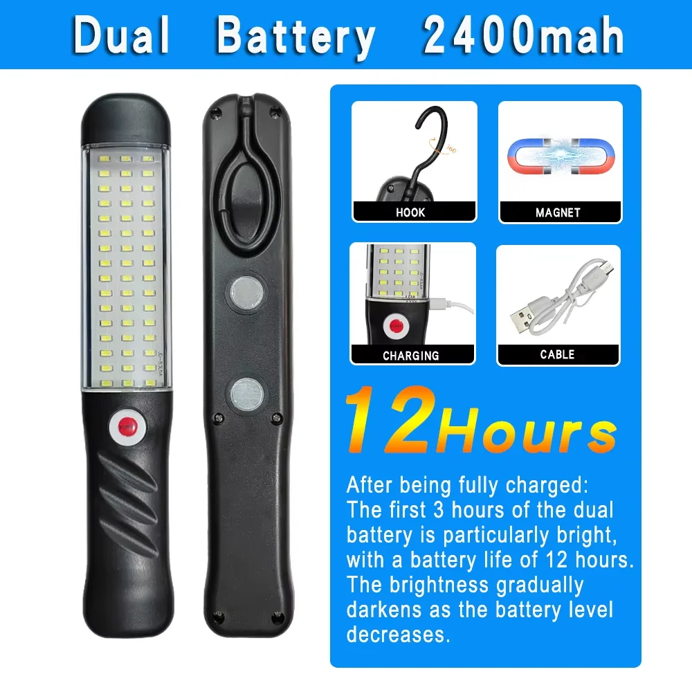 Linterna/luz de trabajo LED COB - Reparación de automóviles - Recargable - Camping - Portátil - Con imán y gancho