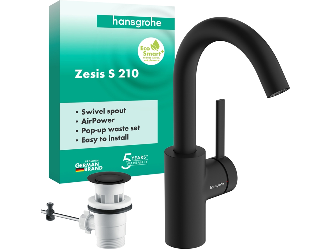 Grifo monomando para lavabo Hansgrohe Zesis S 210 Coolstart, con caño giratorio y válvula de desagüe, 74740670, Color: Negro mate