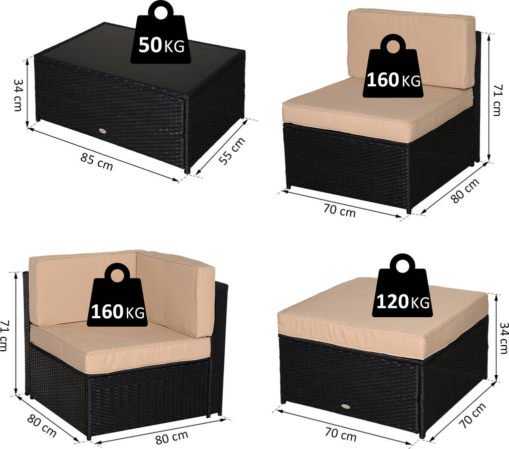 Outsunny Conjunto Muebles de 7 piezas mesa taburetes cojines lavables 2xsofá esquina 2xtaburete 1xmesa centro 860002v02