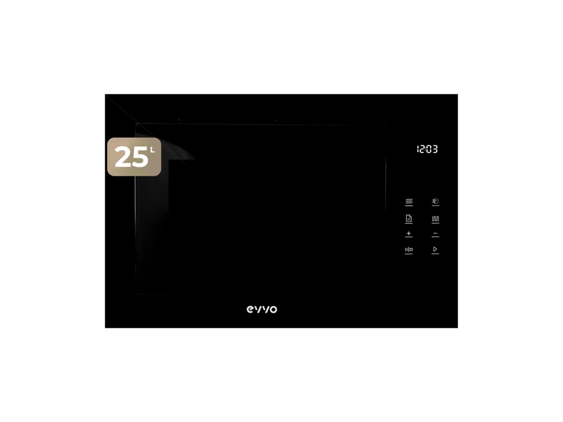 Evvo Microondas Integrable Mi45 Glass Black, 25l, Grill 1200w, 8 Funciones, Multifunción, Temporizador 60 Min, Display Digital, Negro.