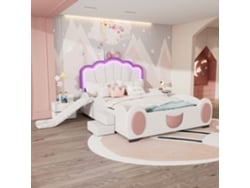 Cama Infantil De 140x200 Cm Con Escalera Tobogán Led, De Poliuretano, Color Rosa Y Blanco.