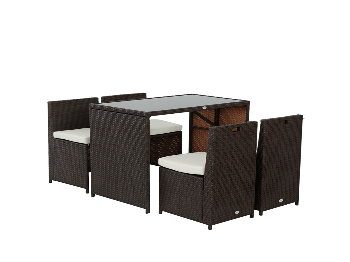 Conjunto de muebles de jardín de 5 piezas en poliratán, 4 sillas, mesa, cojines, color marrón caqui.