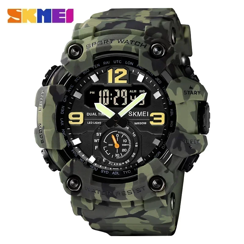Reloj Digital Resistente A Los Golpes (camuflaje Verde) Con Doble Movimiento Y 3 Zonas Horarias - Reloj De Pulsera Deportivo