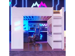 Cama Alta Gamer 140x200 Cm Com Escrivaninha, Led, Usb/tipo-c, Escada, Gaveta E Cabideiro, Branca (sem Colchão)