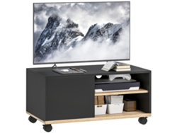 Mueble Tv Con Ruedas 2 Estantes Puerta Gestión Cables Roble Negro