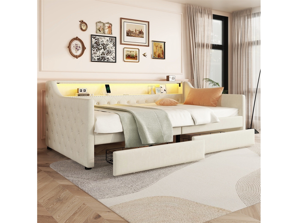 Sofá Cama Con Cajones Día Toma De Carga Usb Gutent Lino Lino Beige (90x200)