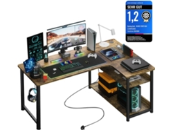 Comhoma Mesa Gaming Con Enchufe, 130x80 Cm, Mesa De Esquina En L Con Usb Y Estante, Ordenador Para Oficina Y Home Office, Marrón