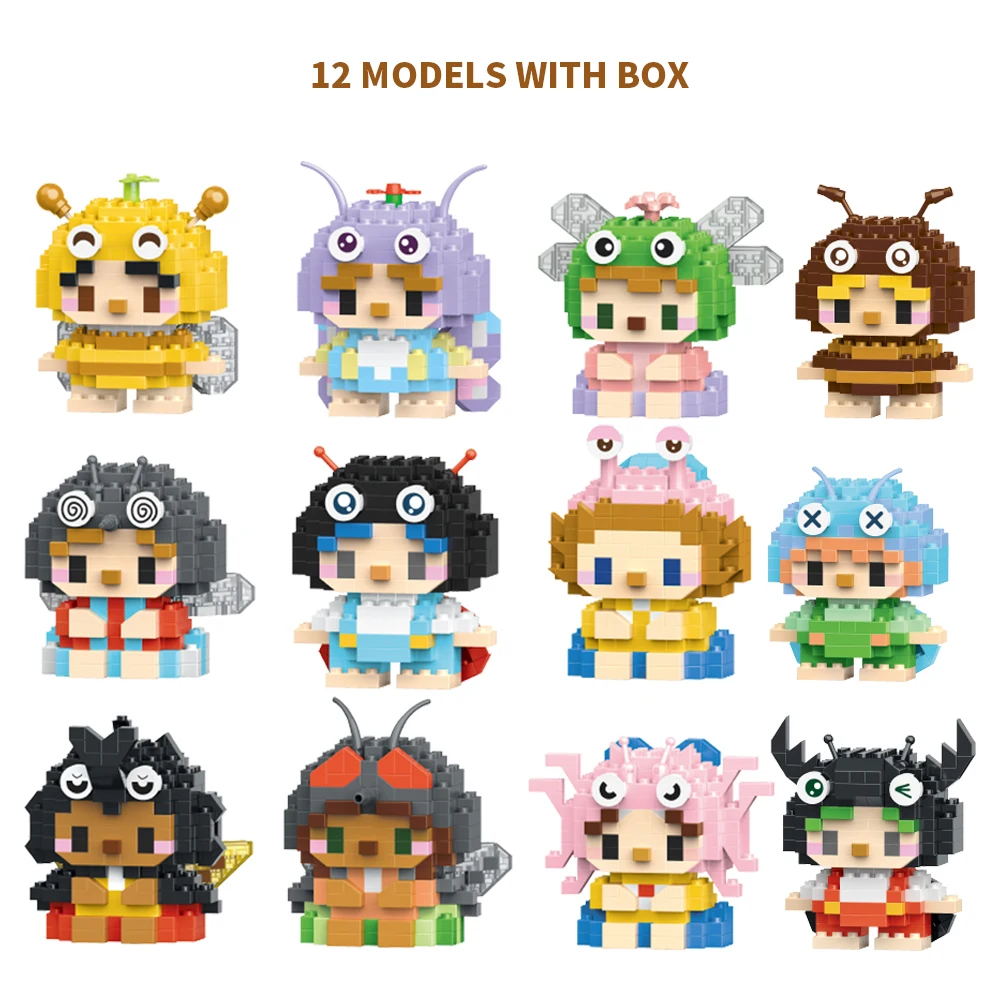 (12 piezas) Miniaturas de insectos adorables en bloques de construcción 3D con modelo de diamante.