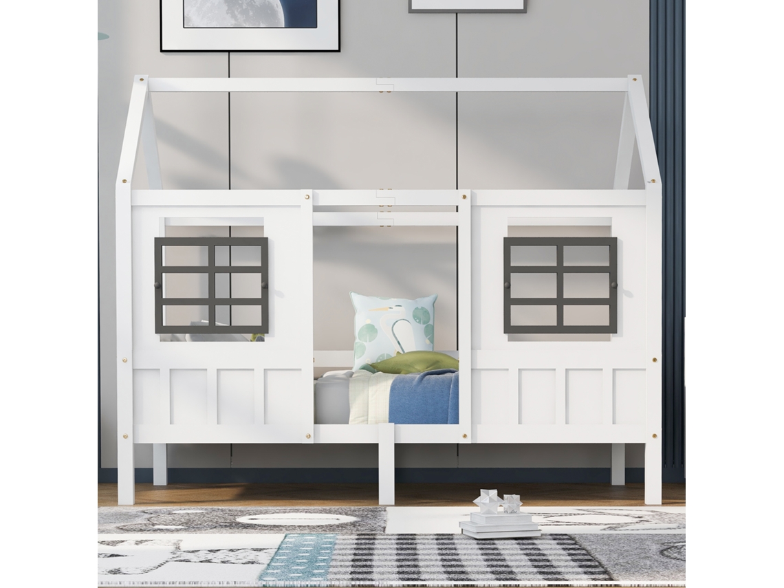Cama Con Forma De Casita De Pino De 90x200 Con 2 Ventanas Blancas.