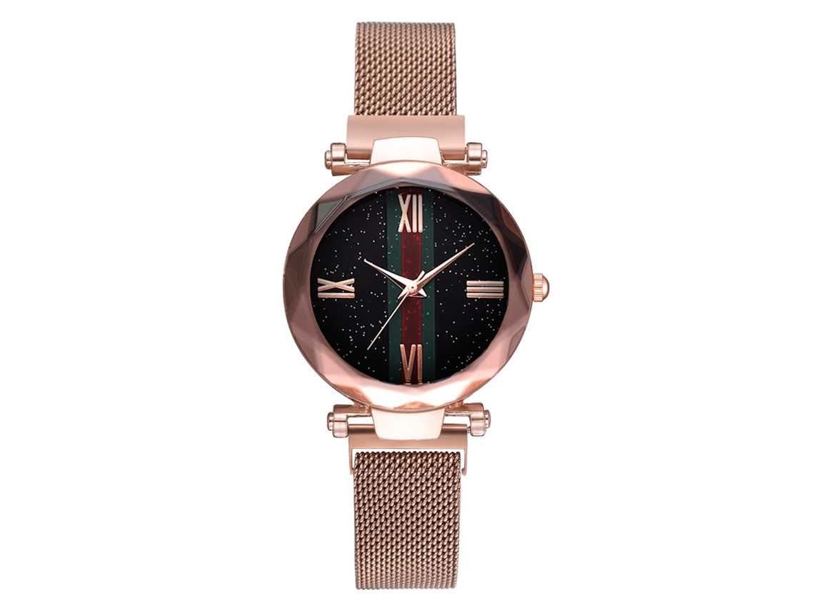 Reloj De Pulsera Para Mujer Con Diseño De Cielo Estrellado, Brazalete De Malla, Cierre Magnético, Movimiento De Cuarzo Y Acabado En Oro Rosa.