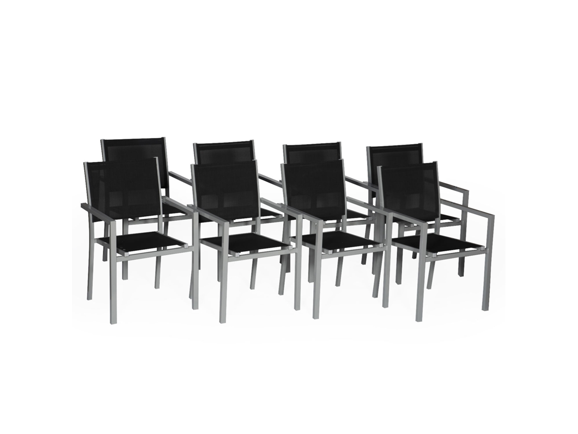 Juego de 8 sillas de aluminio gris - textileno negro HAPPY GARDEN