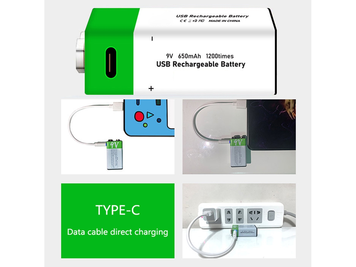 Batería Recargable De Litio De 9v 650mah Con Puerto Tipo C Para Micrófono Y Guitarra.