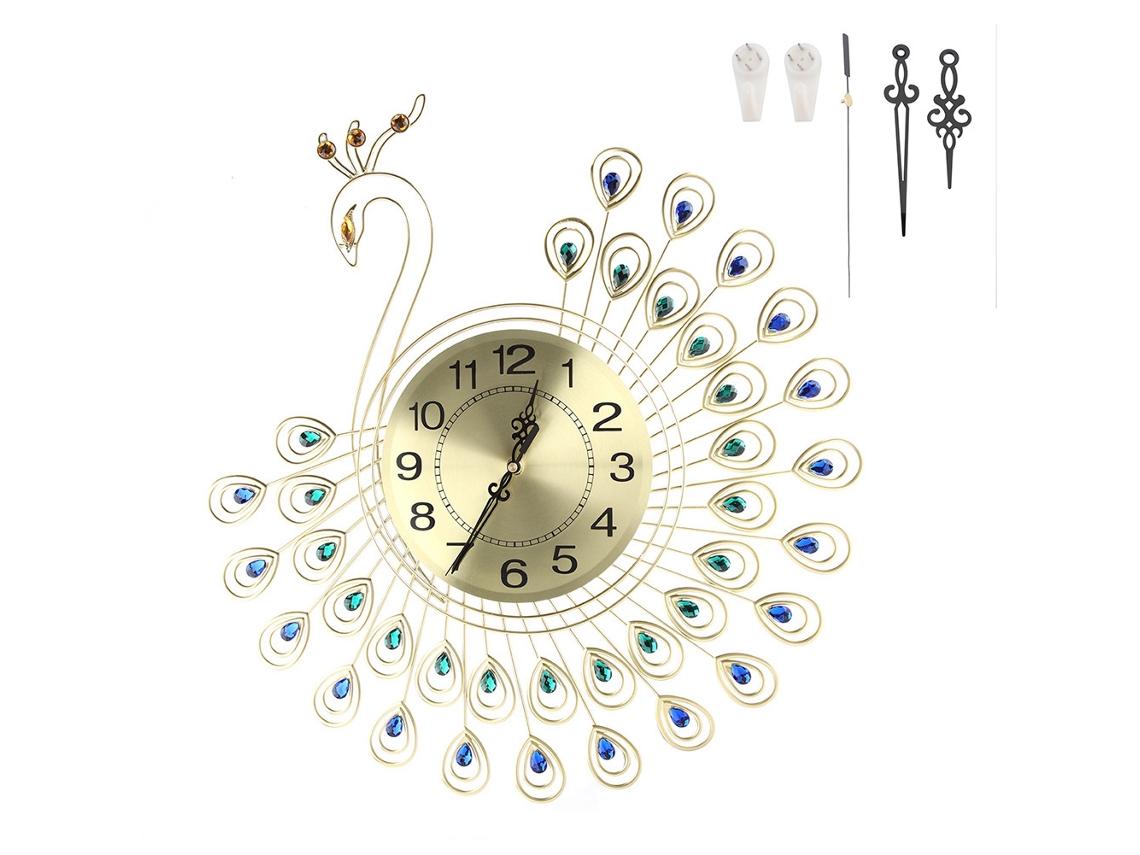JILLIOPER Reloj de Pared Colgante Creativo en Aluminio con Forma de Pavo Real y Estrás