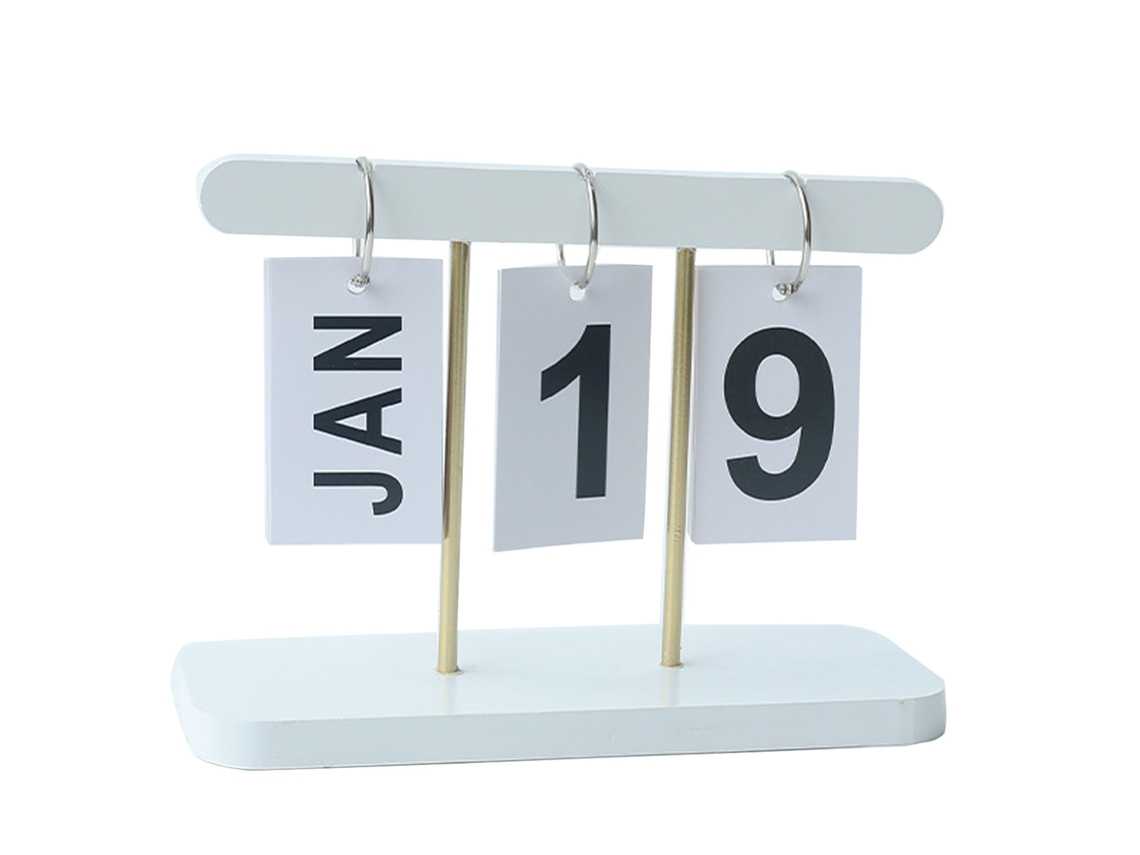 Calendario de hojas perpetuo, escritorio de madera, blanco