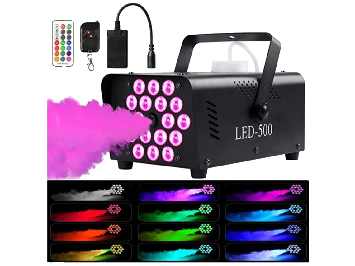 Máquina de humo, 500 W de potencia, control remoto, 18 LED.