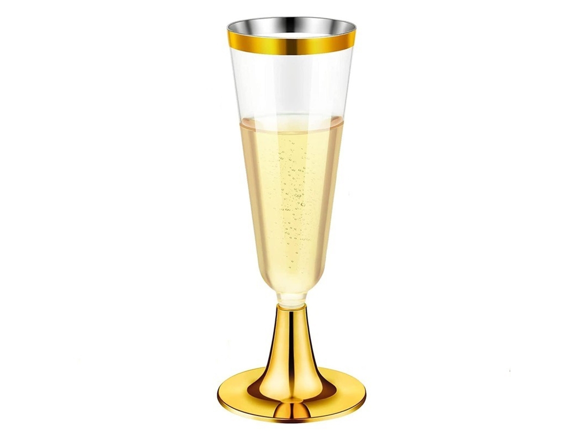 Copas de champán desechables de plástico transparente para fiestas. Copa transparente de 119 ml (150 ml) con borde y base dorados. YUNZII