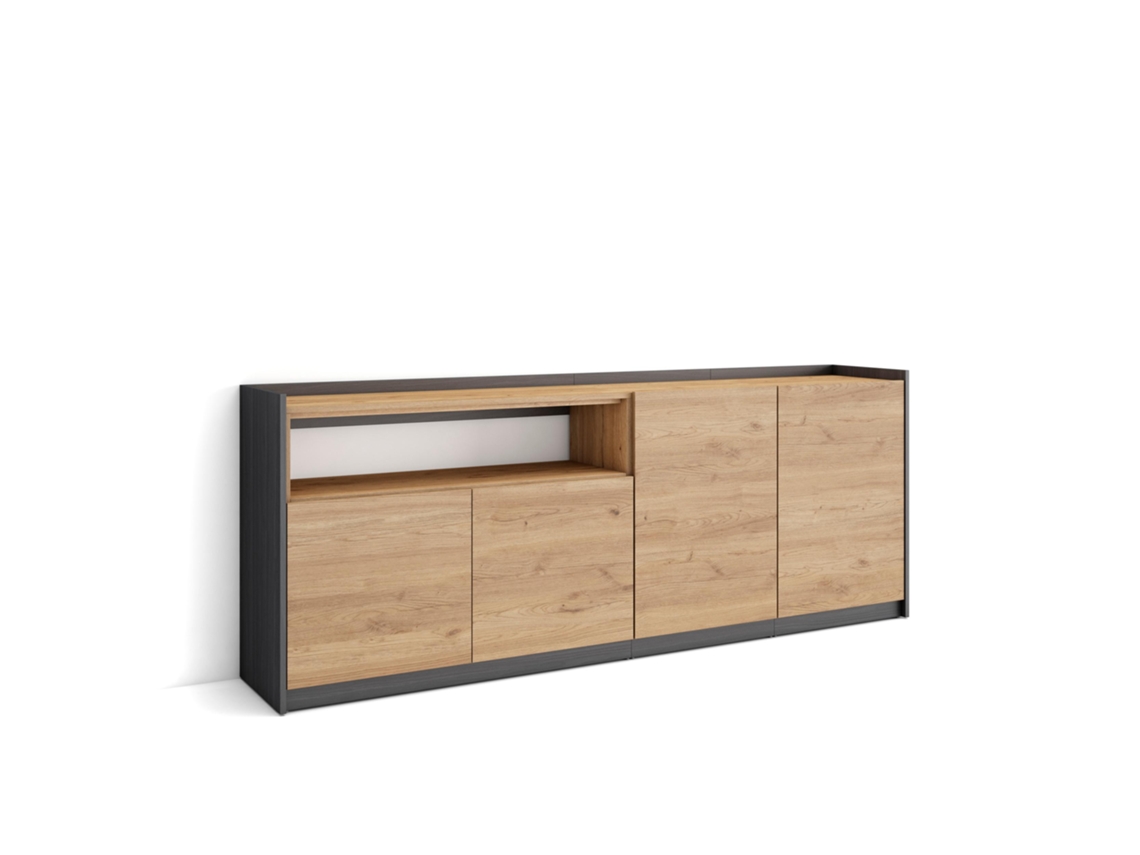 Aparador de comedor, 207x37x80cm, 4 puertas, armario de almacenamiento, roble y negro.