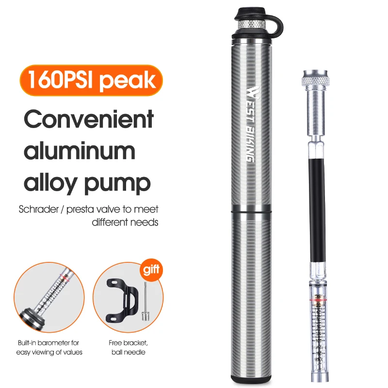 Bomba de aire portátil para bicicleta (160 psi, color plata) con manómetro, compatible con válvulas americanas y francesas.