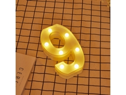 Letra LED 9 Número Iluminado con Luz Blanca Cálida, Altura 22cm, Funcionamiento a Pilas 2*AA