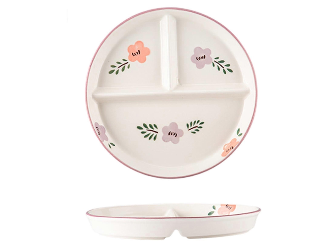 Plato cerámico dividido, 20x2,5 cm, floral, redondo, con 3 compartimentos para control de porciones, apto para microondas y lavavajillas, ideal para