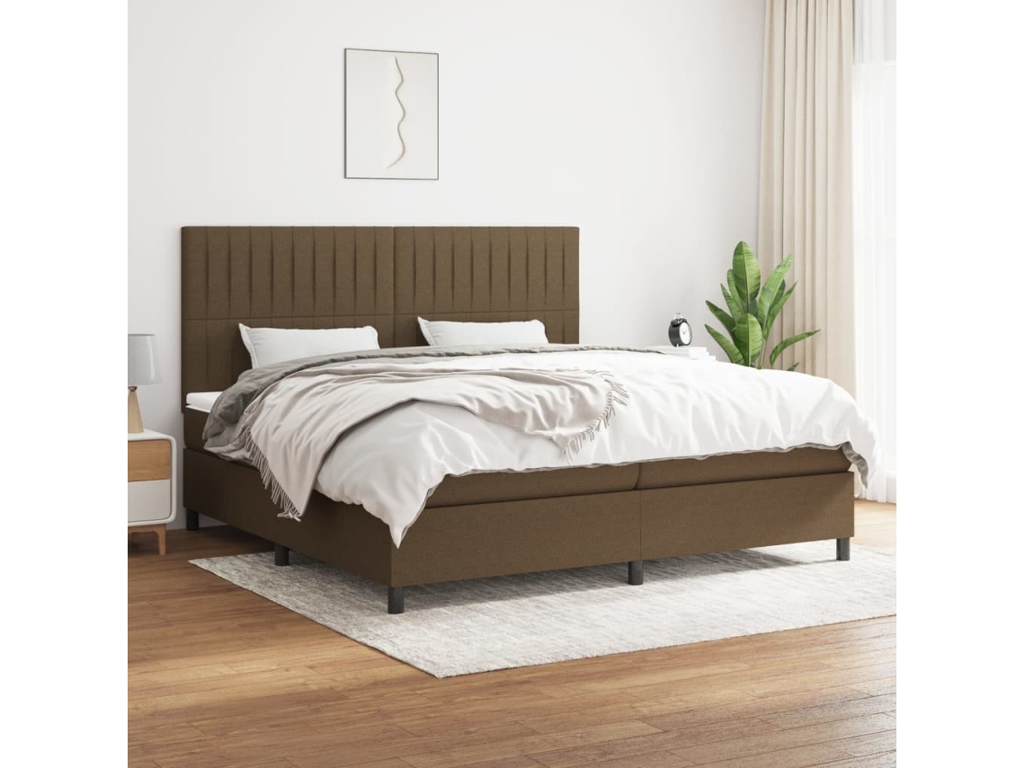 Cama Box Spring Con Colchón Tela Marrón Oscuro 200x200 Cm