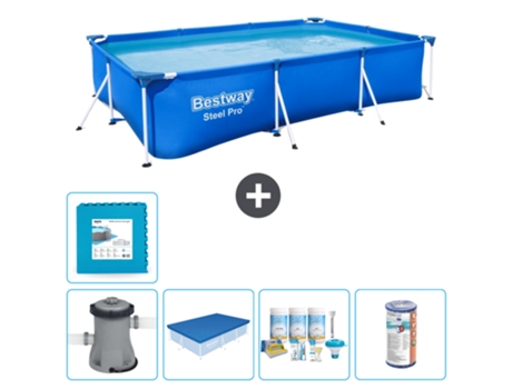 Piscina BESTWAY rectangular Steel Pro - 300 x 201 x 66 cm - Azul - Bomba incluida Cubrir - Paquete de mantenimiento - Filtrar - Baldosas