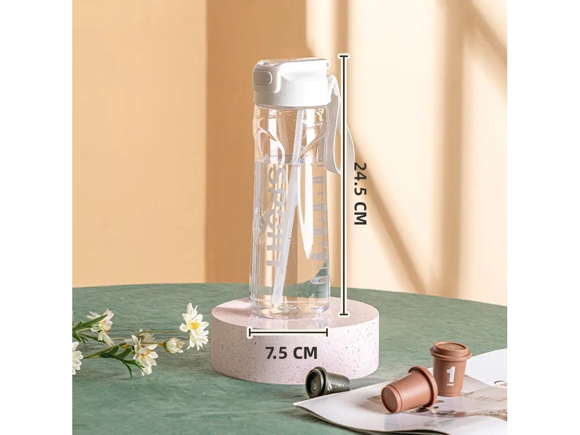Botella deportiva de 800 ml con tapa y correa para el hombro, de plástico transparente. Mdug (blanca)