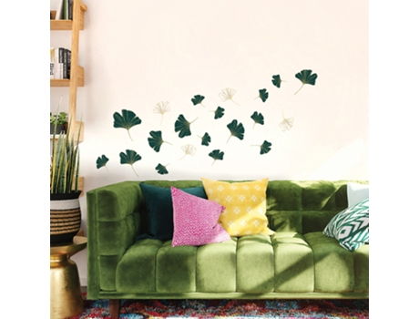 Pegatina Decorativa PLAGE Hojas Verdes y Blancas con Líneas Doradas en Fondo Blanco 68 cm X 24 cm