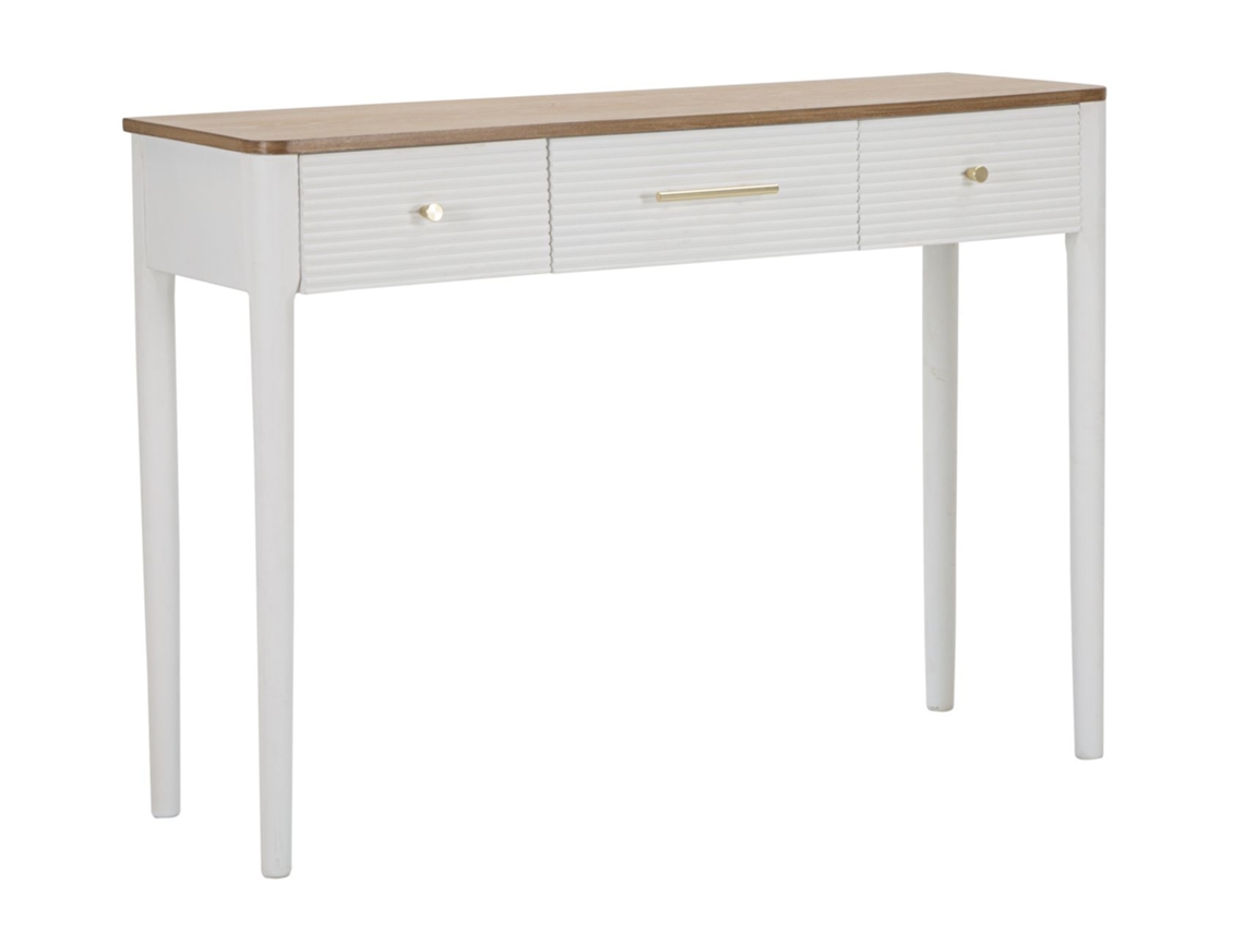 Consola Matera De 107x37x80 Cm - Consola De Madera Blanca Y Marrón Con 3 Cajones Y Detalles Dorados - Estilo Boho Chic