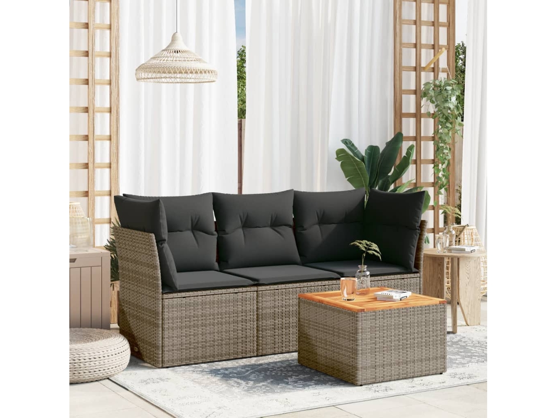 Conjunto de sofá de jardín de 4 piezas con cojines, ratán gris, DKD Home Decor