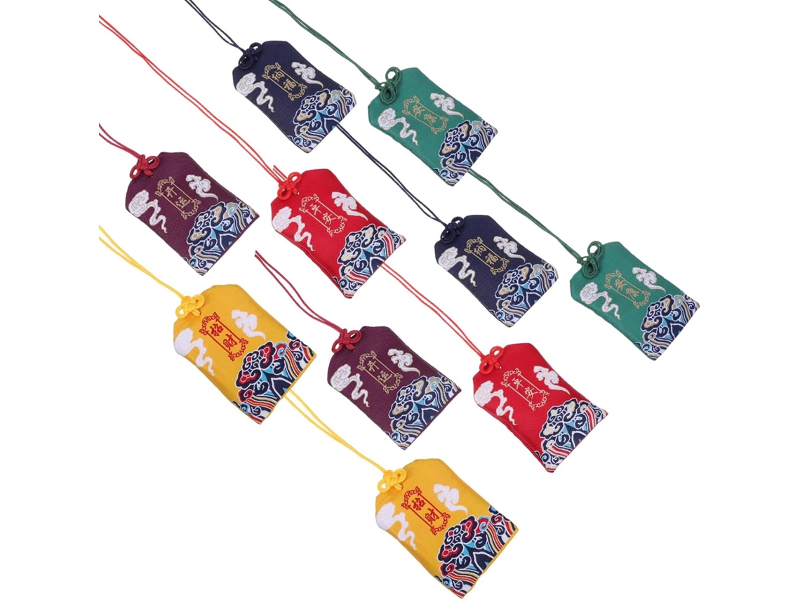 Juego de 10 bolsitas vacías tradicionales japonesas para amuletos Omamori en colores surtidos: amarillo, rojo, verde (GOKOCO)