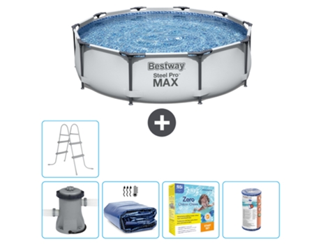 Piscina BESTWAY Round Steel Pro MAX - 305 x 76 cm - Gris - Bomba incluida Vela solar - Paquete de mantenimiento - Filtrar - Escalera
