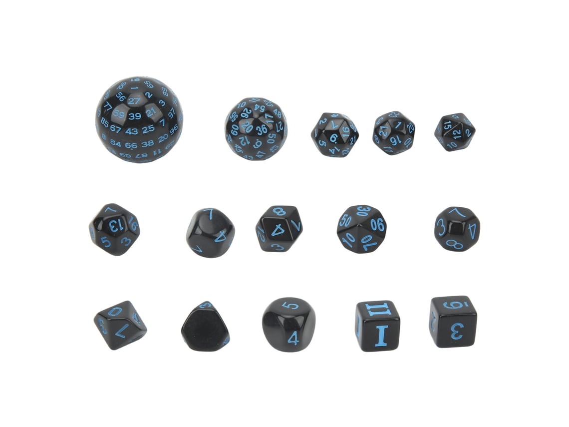 Juego De 15 Dados Poliédricos Acrílicos D3-d100 Para Juegos De Mesa De Rol, Color Negro Y Azul.