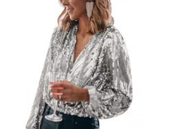 2026-camisa De Mulher Com Strass Gola Em V Manga Longa Para Festa Qhi Xxl Plata