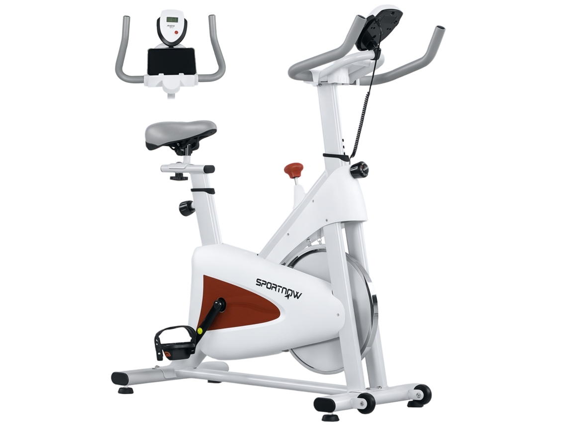 Bicicleta estática silenciosa con resistencia ajustable y pantalla LCD blanca.