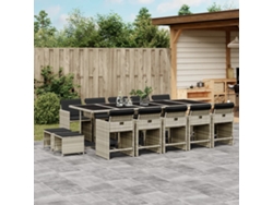 Conjunto 15 Peças Jantar Jardim C/ Almofadões Vime Pe Cinzento Claro Dkd Home Decor