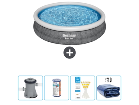 Piscina hinchable redonda Fast Set BESTWAY - Estampado ratán - 366 x 76 cm - Bomba incluida Filtrar - Tiras de prueba - Vela solar