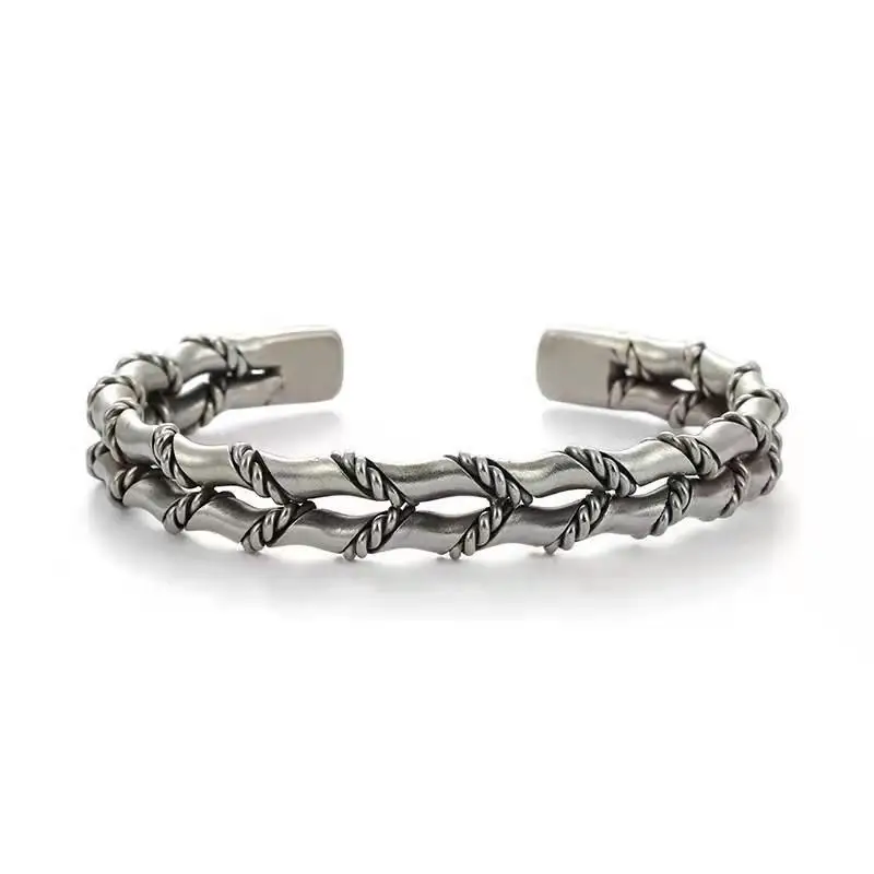Pulsera Abierta Retro Para Hombre Con Tejido De Bambú, Pulsera Punk Hip-hop De Doble Capa Plateada