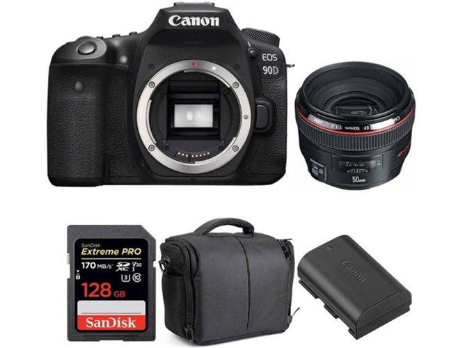 Kit Cámara Reflex CANON EOS 90D + EF 50mm f/1.2L USM + SanDisk 128 GB + Batería + Bolsa (APS-C)