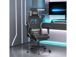 Silla gaming con reposapiés, tapizada en tela gris y verde claro.