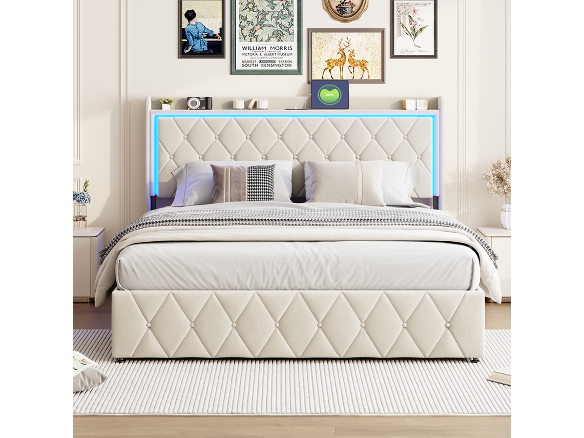 Cama Con Almacenaje 140x200 Cm, Cabecero Led Rgb Y Usb, Ideal Para Dormitorio Pequeño
