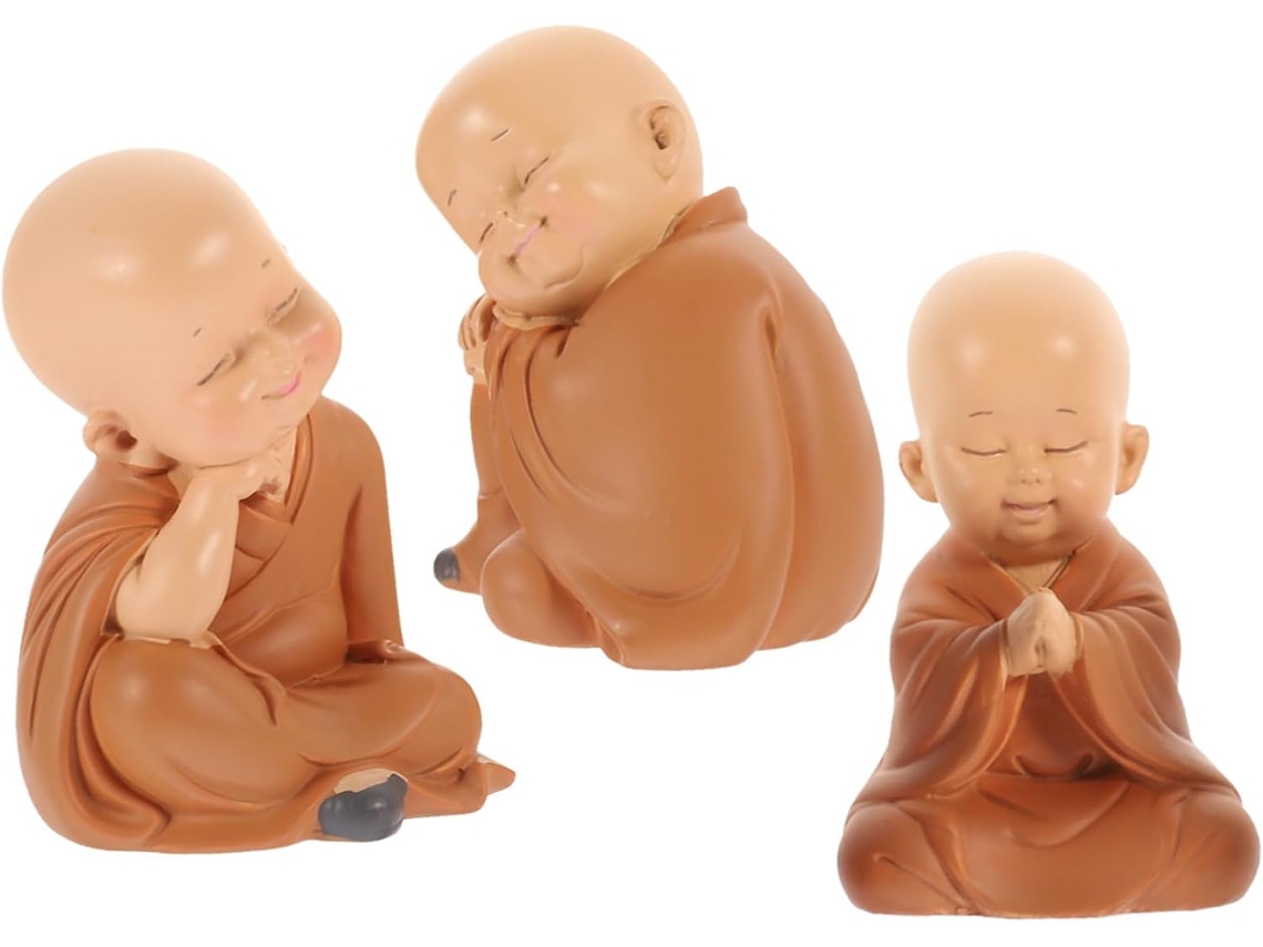 Conjunto De 3 Pequeñas Y Adorables Estatuas De Monjes En Resina, Mini Figuras Decorativas, Finamente Elaboradas.