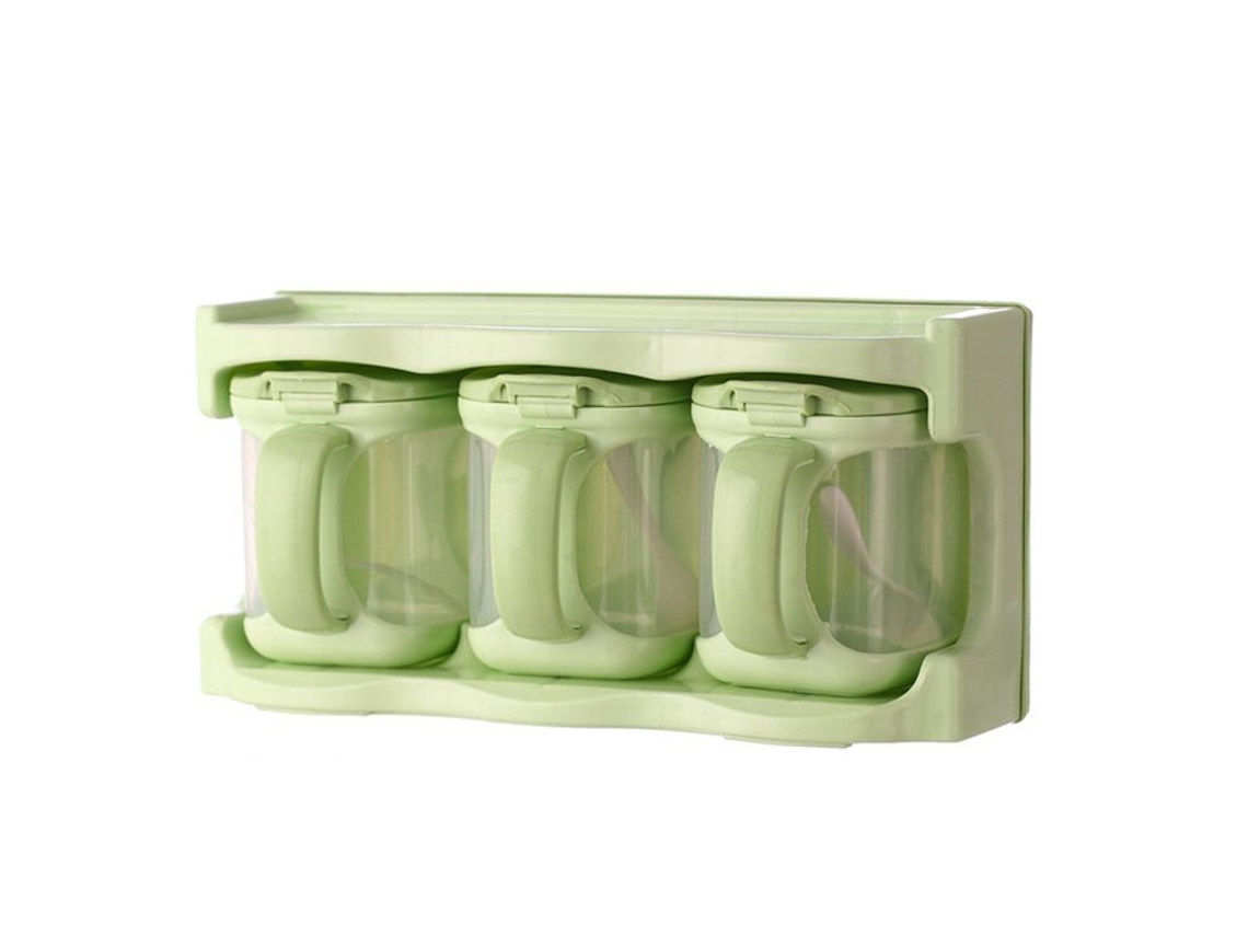 Rebe - Especiero de plástico con 3 compartimentos, color verde, para uso en la cocina.