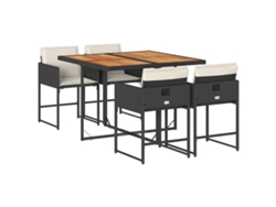 Juego de 5 piezas de comedor de jardín con cojines de mimbre, color negro, EXCLUSIVA DE LA CASA